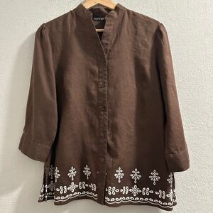 ecologie Linen Embroidered Tunic Shirt Brown‎ 3/4 Sleeve Collarless Women Medium